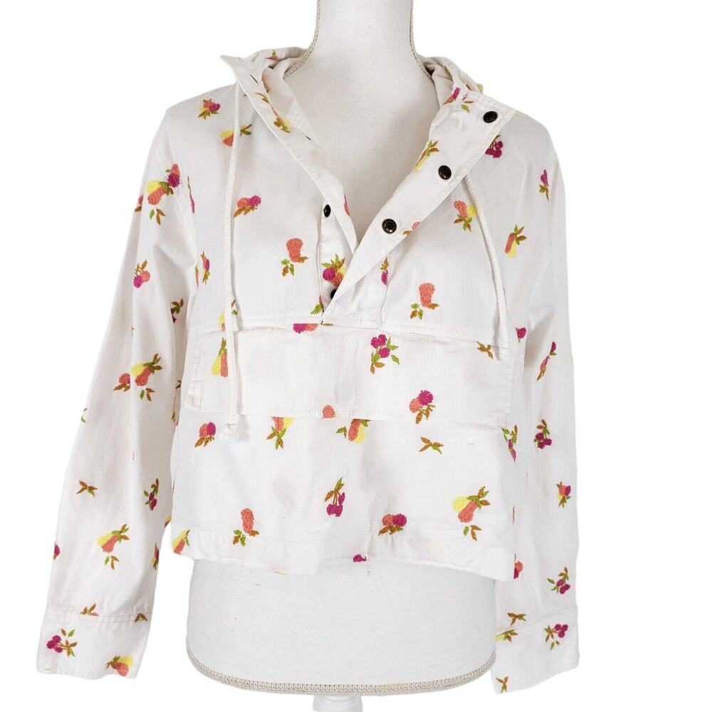 Lou & Grey SIZE S White Fruit Embroidered Hooded Cropped Pullover Jacket Beach